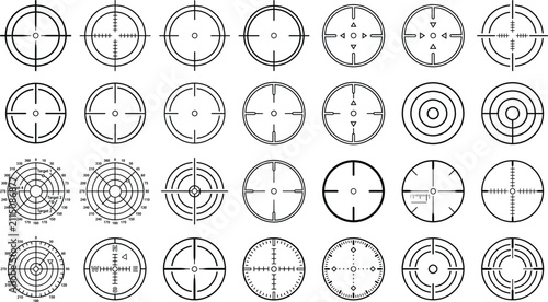 Crosshair target aim gun sight radar reticle scope icon set vector illustration outline line art isolated white background