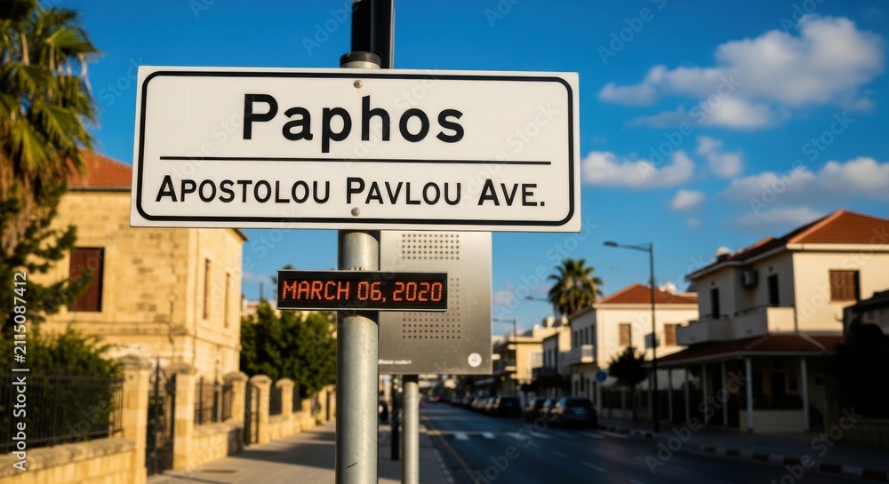 Obraz premium Street Sign In Paphos Apostolou Pavlou Avenue With Date Display