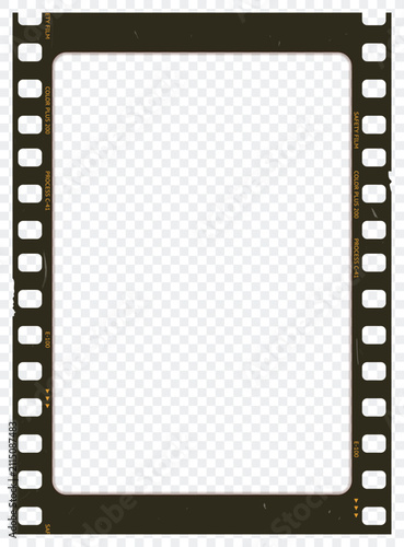 Realistic 35mm film strip vertical frame vector overlay with transparent background, film edge markings, and realistic perforations to place your photo. 