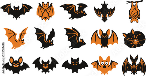 Colorful cartoon bats in flying and hanging poses