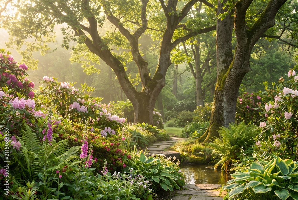 Fototapeta premium Sunlit Garden Path: Lush Greenery, Vibrant Flowers & Serene Stream