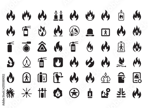 Collection of fire related icons including flames fire extinguisher candles and warning signs.