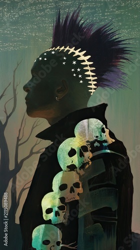 Surrealist Punk Artwork with Mohawk and Skulls Showcasing Alternative Dark Aesthetic and Bold Rebellion in Moody Lighting