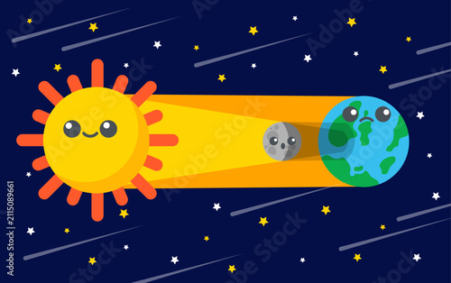 Cute solar eclipse diagram with sun moon shadow and earth character illustration