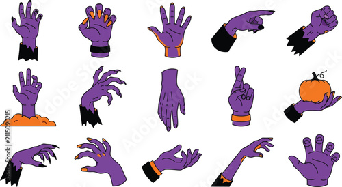 Set of purple zombie hands with various gestures and poses for halloween design elements