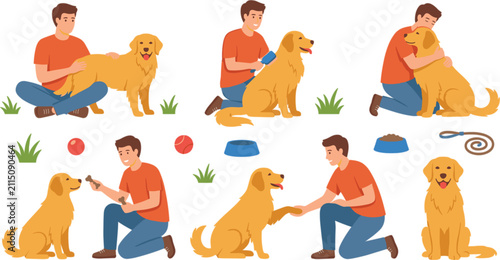 Картината върху платно Man playing with golden retriever dog vector illustration set featuring pet care training treats brushing fur hugging shaking paws eating food fetching ball accessories