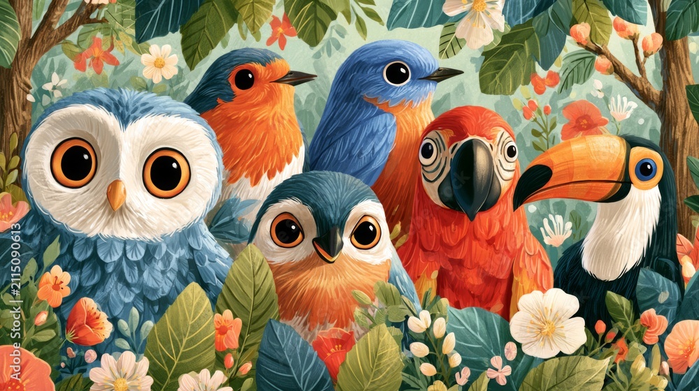 Obraz premium Colorful Cartoon Birds Peeking Out from Woodland Tree Branches Surrounded by Vibrant Flowers and Leaves