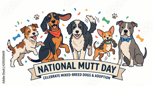 National Mutt Day Group of Happy Rescue Dogs Unique Personalities Playful Poses Flat Vector