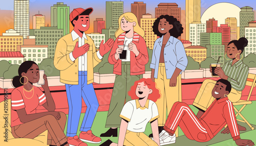 Diverse group friends enjoying time together outdoors in city setting, buildings and sunset, engaging in conversation and laughter, urban lifestyle, multicultural friendship, social gathering concept