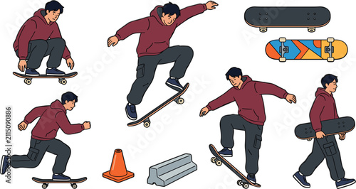 Bild auf Leinwand Skateboarder character vector illustration set featuring teenage boy performing tricks jumping ollie riding walking with deck traffic cone and ledge street obstacle icons