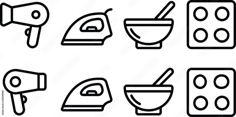 Obraz premium Home appliance hair dryer clothes iron cooking bowl stove icon set vector illustration outline line art isolated white