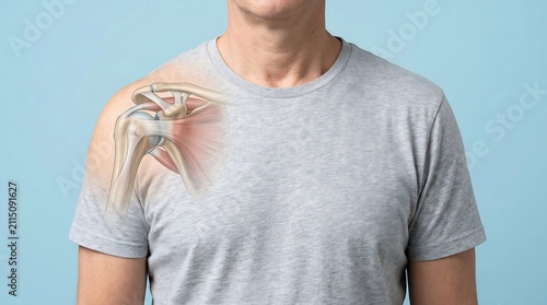 Shoulder joint anatomy is illustrated over a man wearing a grey t-shirt to clarify the complex connection of bones and muscles for medical professionals, physical therapists, and health researchers.