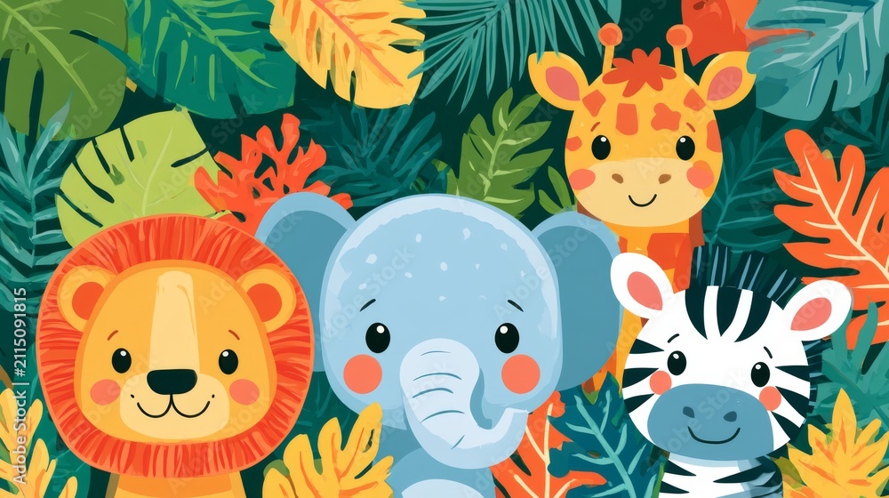 Obraz premium Cute Cartoon Animals Peeking from Behind Tropical Leaves in a Colorful Safari Scene