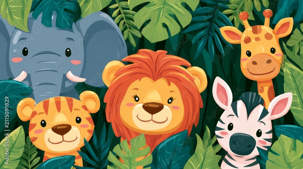 Obraz premium Playful Cartoon Safari Animals Peeking from Behind Tropical Leaves in a Vibrant Jungle Scene