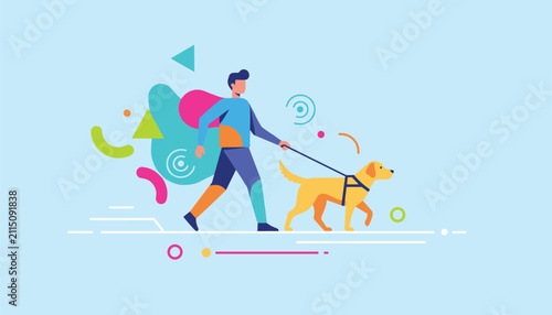 Colorful vector illustration of a man walking his service dog on a leash against an abstract background of geometric shapes.