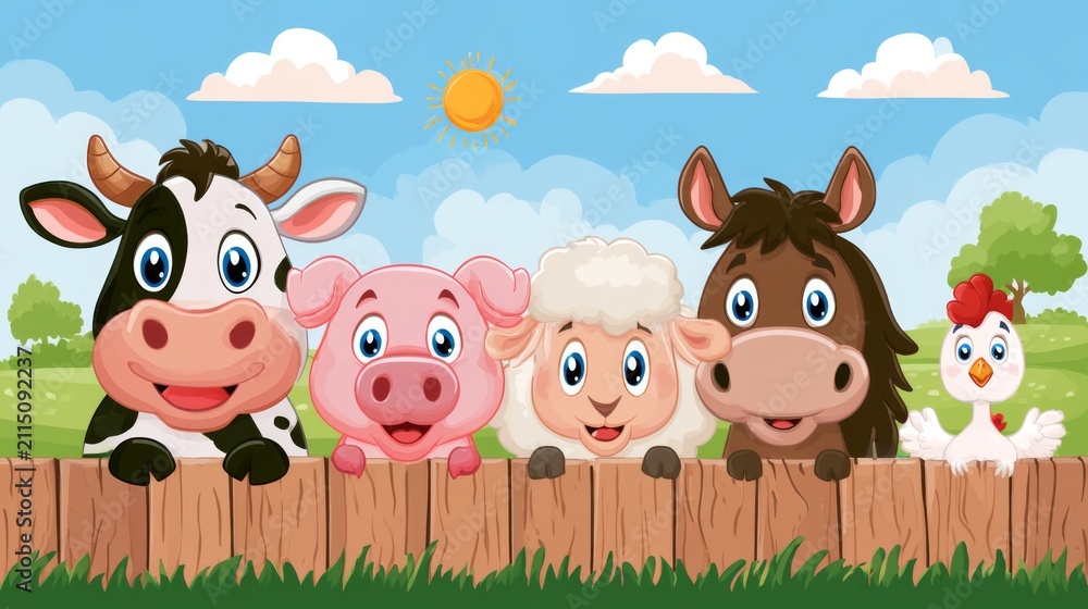 Naklejka premium Colorful Cartoon Farm Animals Peeking Over a Wooden Fence Under a Bright Sunny Sky