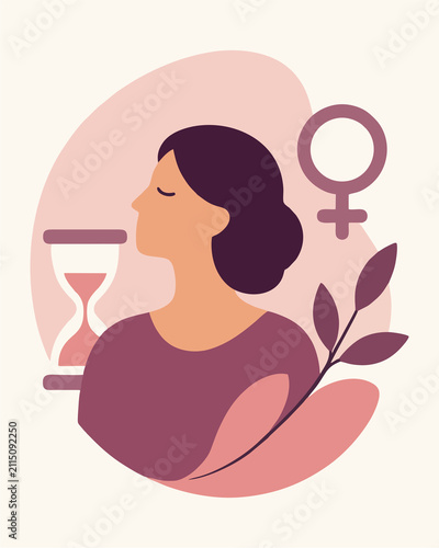 Menopause Woman with Hourglass Female Symbol and Botanical Elements Flat Vector Illustration