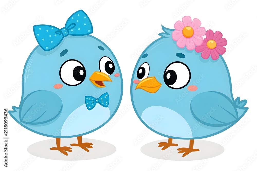 Obraz premium Two cute cartoon blue birds with bows and flowers standing together
