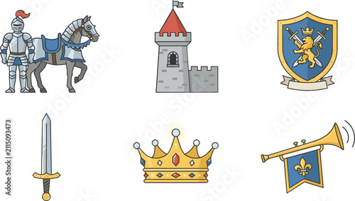 Foto Medieval Knight Heraldry Vector Set with Castle Tower Shield Sword Crown and Tru