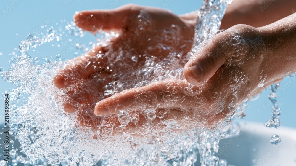 Fototapeta premium Crystal Clear Water Flowing Over Hands in a Refreshing Washing Scene