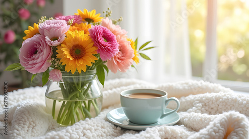 Vibrant gerbera daisies in a glass vase and a hot cup of coffee rest on a soft, knitted blanket in a bright, cozy, sunlit room