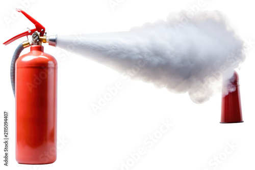 Red fire extinguisher spraying white smoke isolated on transparent background isolated on a transparent background