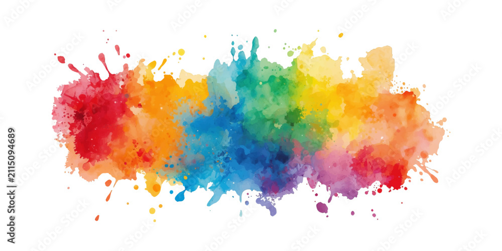 Fototapeta premium Vibrant spectrum rainbow holi paint powder explosion and watercolor ink splash header isolated on a clean white background in a wide panorama banner format. 