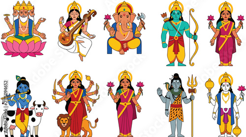 Bild auf Leinwand Hindu gods and goddesses vector cartoon character set with Ganesha Shiva Krishna