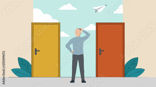 Canvastavla Confused man facing two doors, symbolizing life choices and decision making