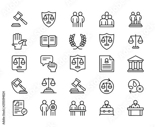 A collection of vector icons representing justice and legal concepts in a court setting