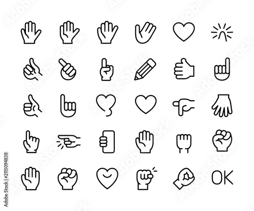 A collection of vector hand gestures and symbols displayed in black and white lines.