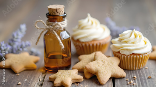 A rustic amber glass apothecary bottle with a cork stopper and twine detail sits on weathered wood, surrounded by iced cupcakes, lavender, cookies, and a mini pumpkin