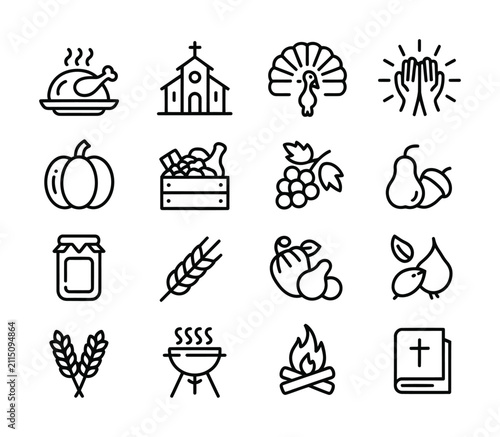 This vector icon set depicts Thanksgiving symbols and festive elements in a minimalistic style