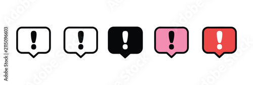Notification Alert Message Bubble Icon Set with Exclamation Mark, Warning and Attention Symbols in Outline and Filled Styles