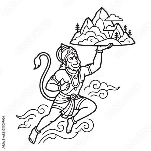 Flying lord hanuman carrying mountain in hand vector illustration line drawing art.
