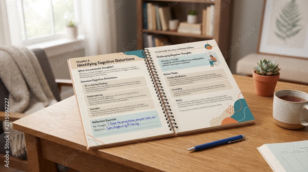 Obraz premium Woman studying a wellness workbook at home, personal development, self reflection, mental health learning and organized growth planning.