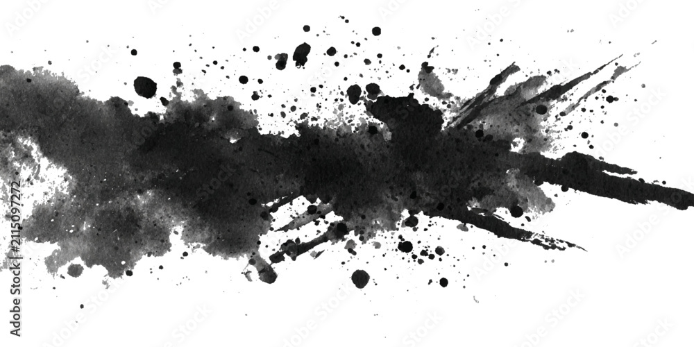 Obraz premium Abstract grunge black ink paint splatter background with rough brush stroke texture. artistic splashes dark vintage border background design.