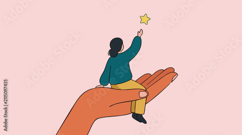 Concept of support and dreams: a person reaching for a star with help