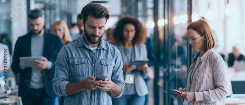 People using mobile phones in a modern office environment blurred background adult business collaboration communication contemporary corporate digital diverse employees focus freelance group