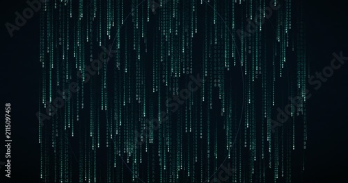 Hexadecimal code symbols cascade down in a deep, teal circuit animation with a center-depth tunnel effect.