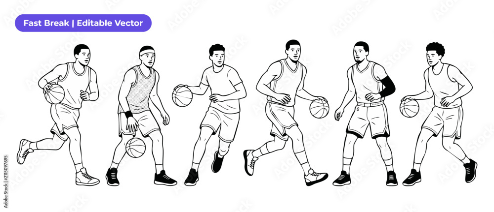 Fototapeta premium Basketball player vector line art set of male athletes dribbling ball in fast break action motion poses, black white outline line art illustration clipart set for sports active fitness graphic design.