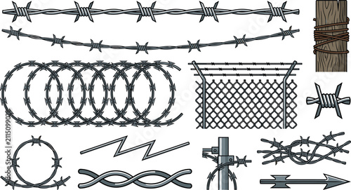 фотографія Barbed wire and security fence vector collection featuring razor wire coils stee