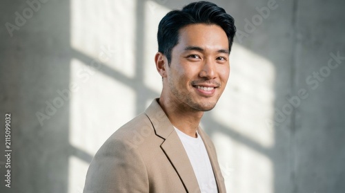 A professional portrait of a smiling young Asian man wearing a beige blazer against a soft-lit concrete studio background, conveying confidence and style.