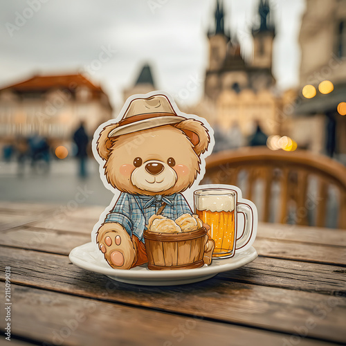 A cute bear cutout in a hat and plaid shirt sits on a plate with snacks and draft beer at an outdoor table in Prague