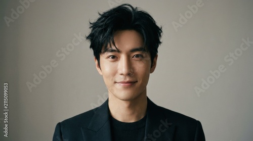 A professional studio portrait of a handsome young Asian man with dark hair, wearing a black blazer, looking at the camera with a gentle and confident smile.