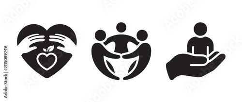 Set of three black showing hands protecting a heart, a group of people holding hands, and a human figure being held in a palm, white background