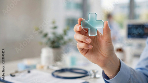 Woman hand holding plus icon for the healthcare medical icon. Health insurance concept. Benefits and Access to welfare health, doctors, hospitals, treatment with copy space