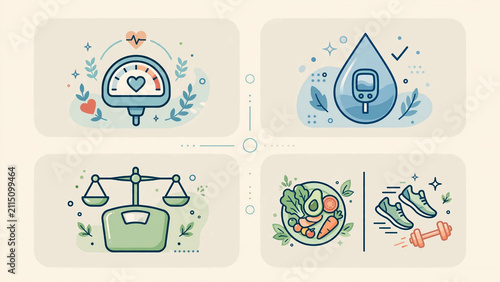 Blood pressure, glucose and weight control, balanced diet and exercising for a healthy living