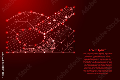 part of an acoustic guitar from futuristic polygonal red lines and glowing stars for banner, poster, greeting card