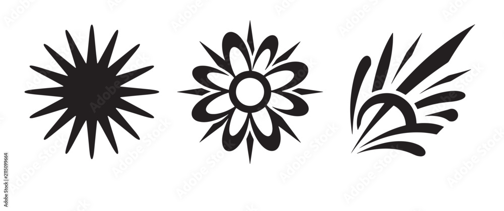Fototapeta premium Three black decorative featuring a sunburst with thin rays, a floral star shape with petals, and an abstract sunburst explosion on a white background